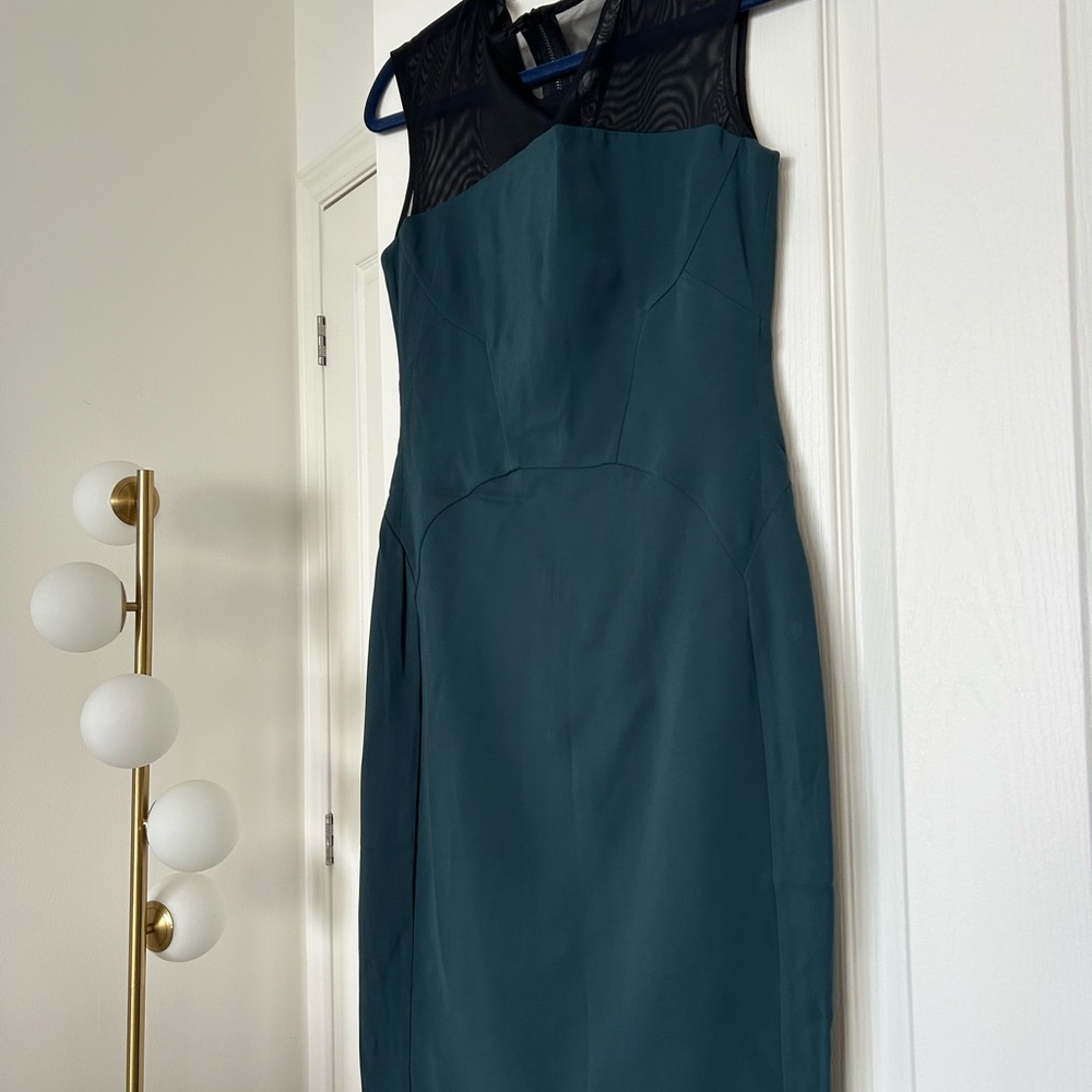 Reiss Elegant Teal Midi Dress with Black Mesh